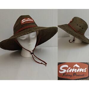 Simms Straw Hat Wide Brim w/ Chin Strap Fishing Hiking 100% Straw #J5289